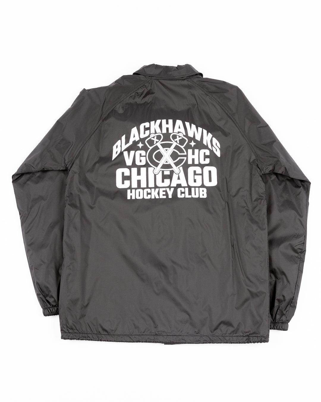 black VGHC x Chicago Blackhawks coaches jacket with logo hits on chest and back detail graphic - back lay flat