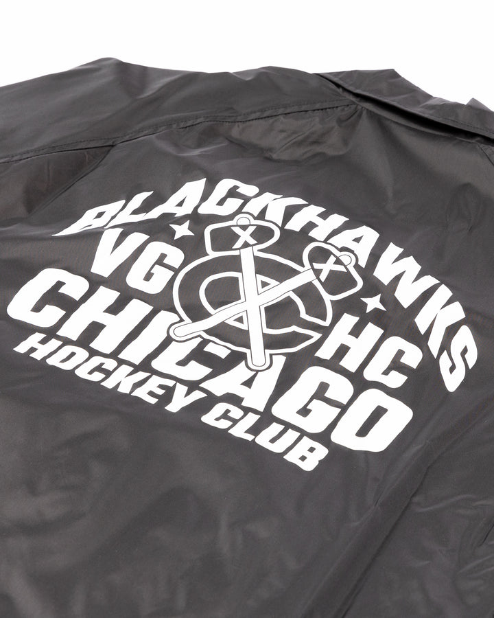 black VGHC x Chicago Blackhawks coaches jacket with logo hits on chest and back detail graphic - back detail lay flat