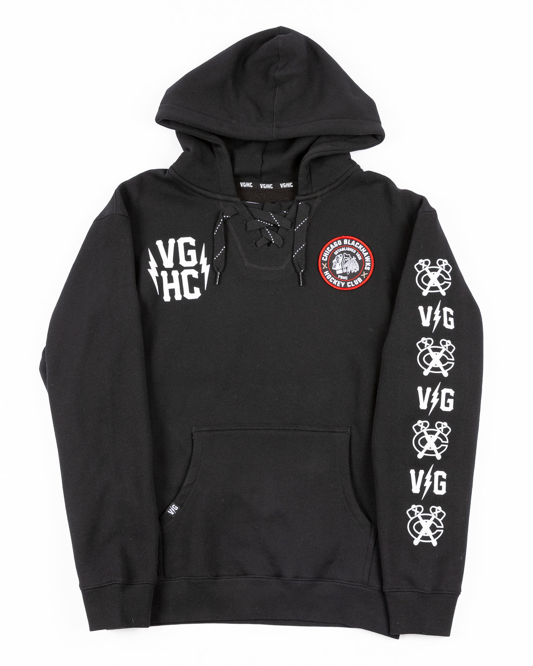 black VGHC lacer hoodie with Chicago Blackhawks branding on chest, left sleeve and back - front lay flat