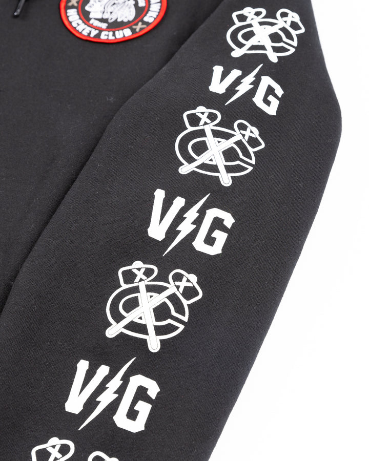 black VGHC lacer hoodie with Chicago Blackhawks branding on chest, left sleeve and back - front sleeve detail lay flat