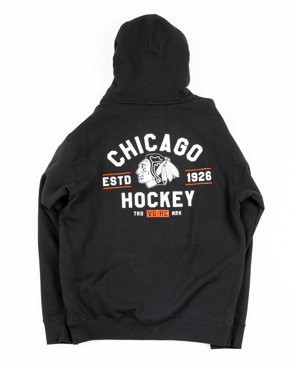 black VGHC lacer hoodie with Chicago Blackhawks branding on chest, left sleeve and back - back lay flat