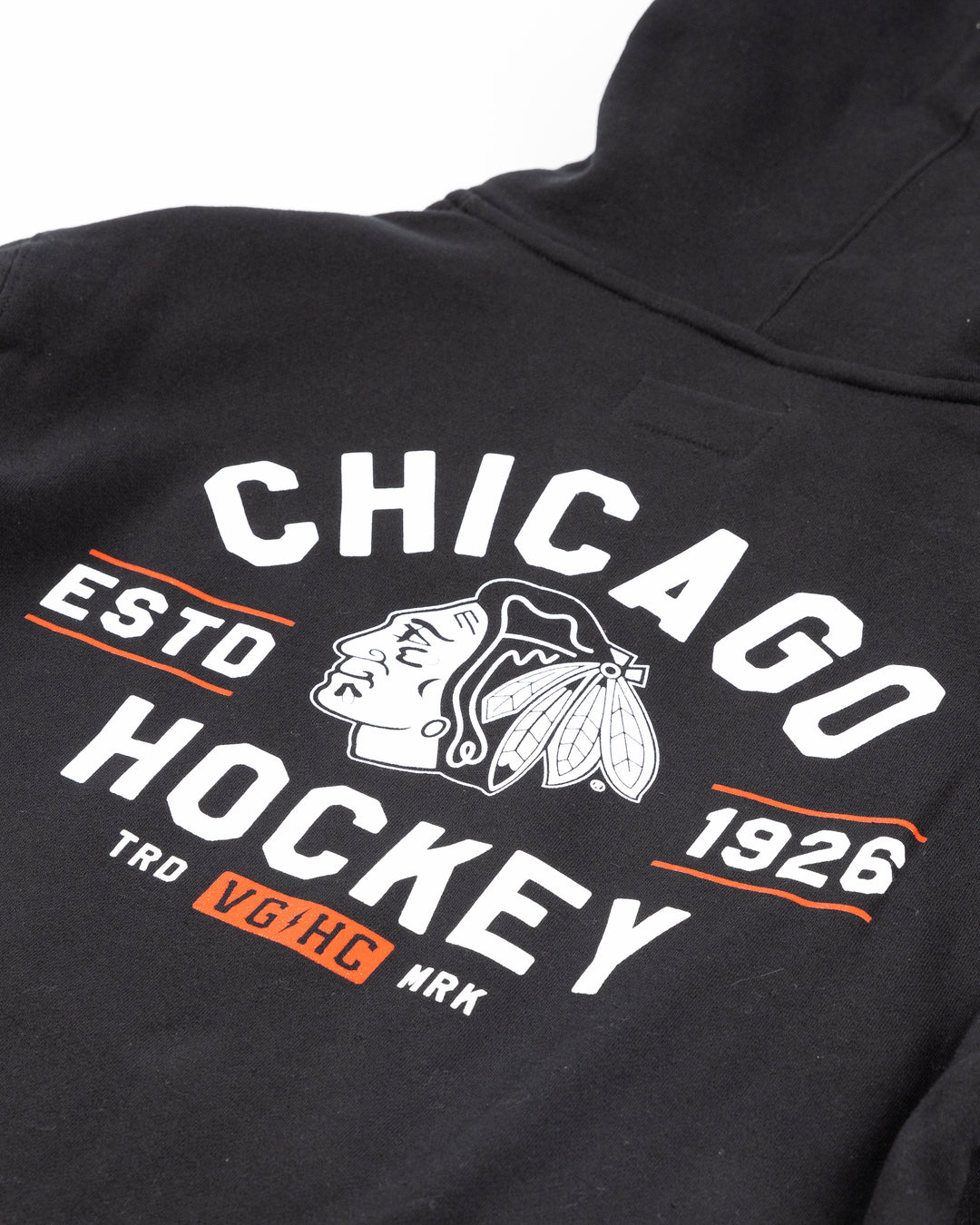 black VGHC lacer hoodie with Chicago Blackhawks branding on chest, left sleeve and back - back detail lay flat