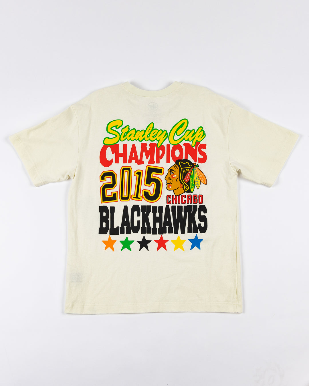 cream '47 brand short sleeve tee with Chicago Blackhawks Stanley Cup Champions graphic on left chest and large back graphic - back lay flat