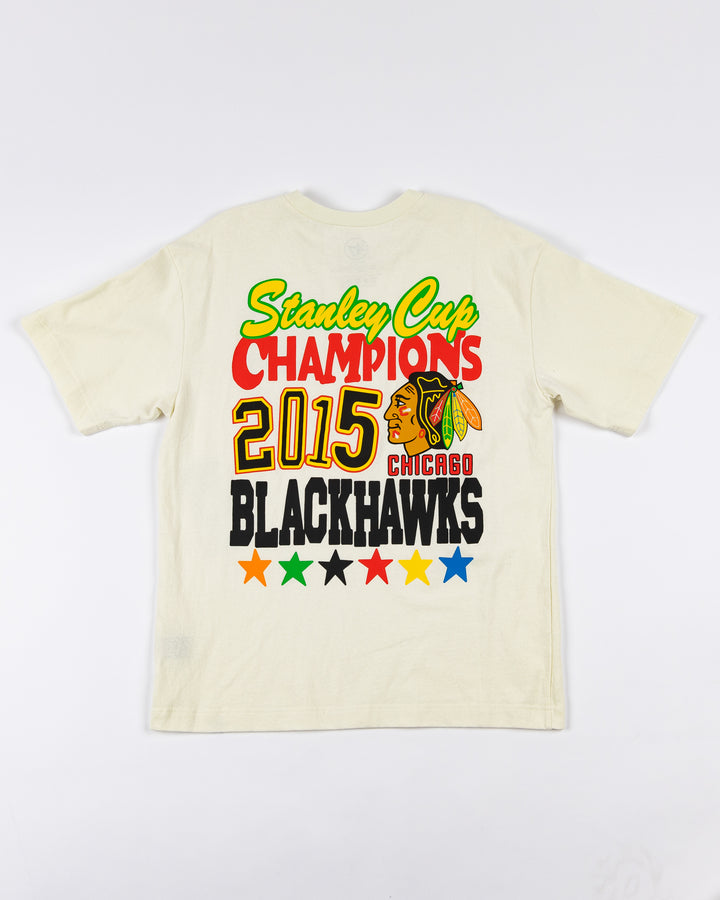 cream '47 brand short sleeve tee with Chicago Blackhawks Stanley Cup Champions graphic on left chest and large back graphic - back lay flat