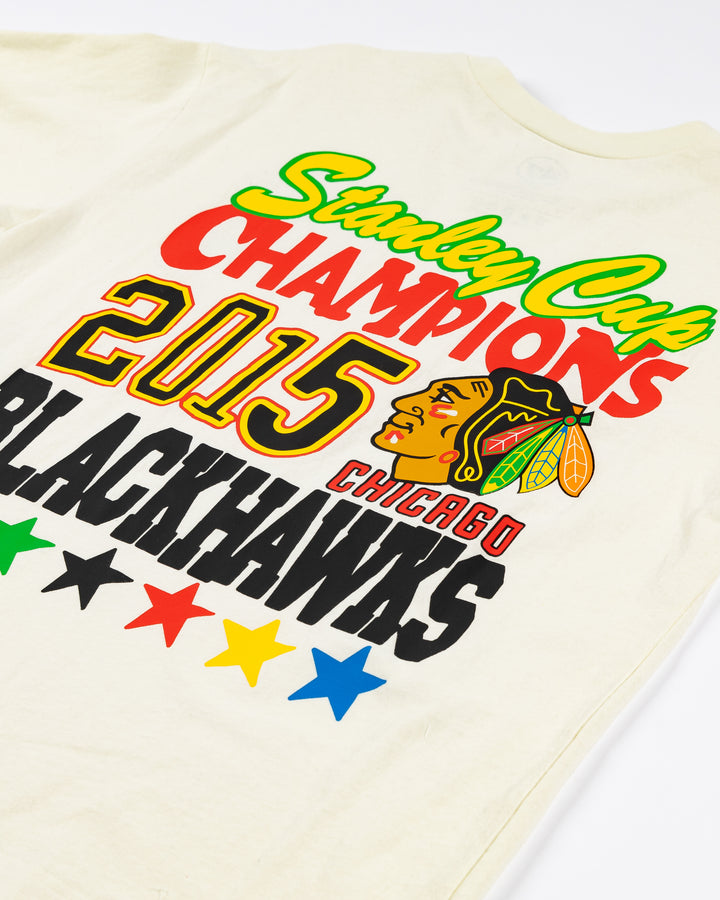 cream '47 brand short sleeve tee with Chicago Blackhawks Stanley Cup Champions graphic on left chest and large back graphic - back detail lay flat