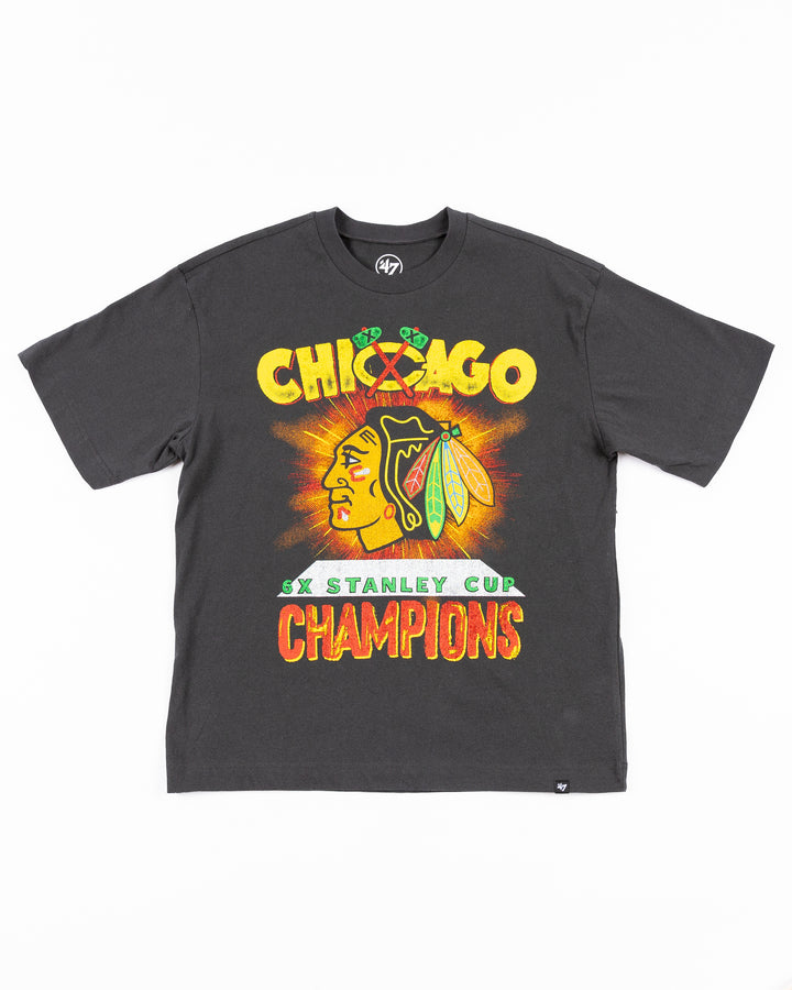 faded black '47 brand short sleeve tee with vintage inspired Chicago Blackhawks championship graphic on front - front lay flat