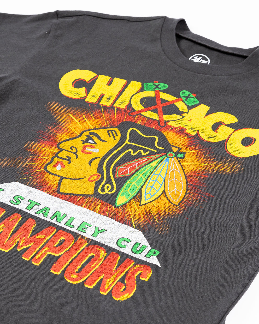 faded black '47 brand short sleeve tee with vintage inspired Chicago Blackhawks championship graphic on front - front detail lay flat