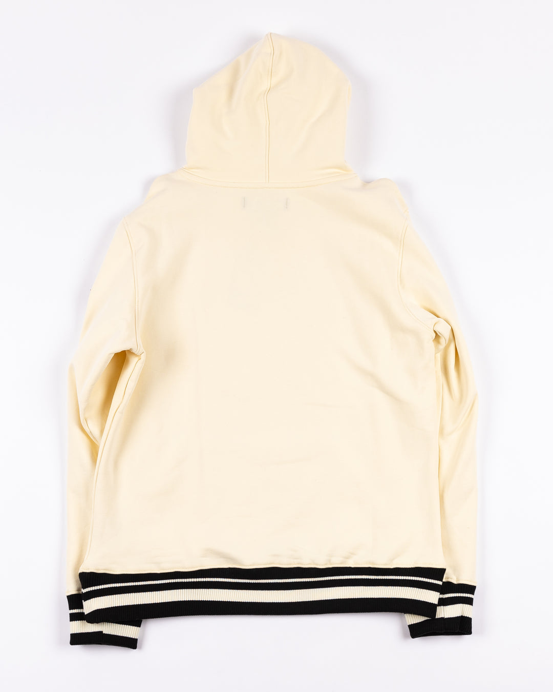 cream Pro Standard hoodie with black striping on hem and cuffs and vintage Chicago Blackhawks logo patches on front, hood and shoulders - back lay flat