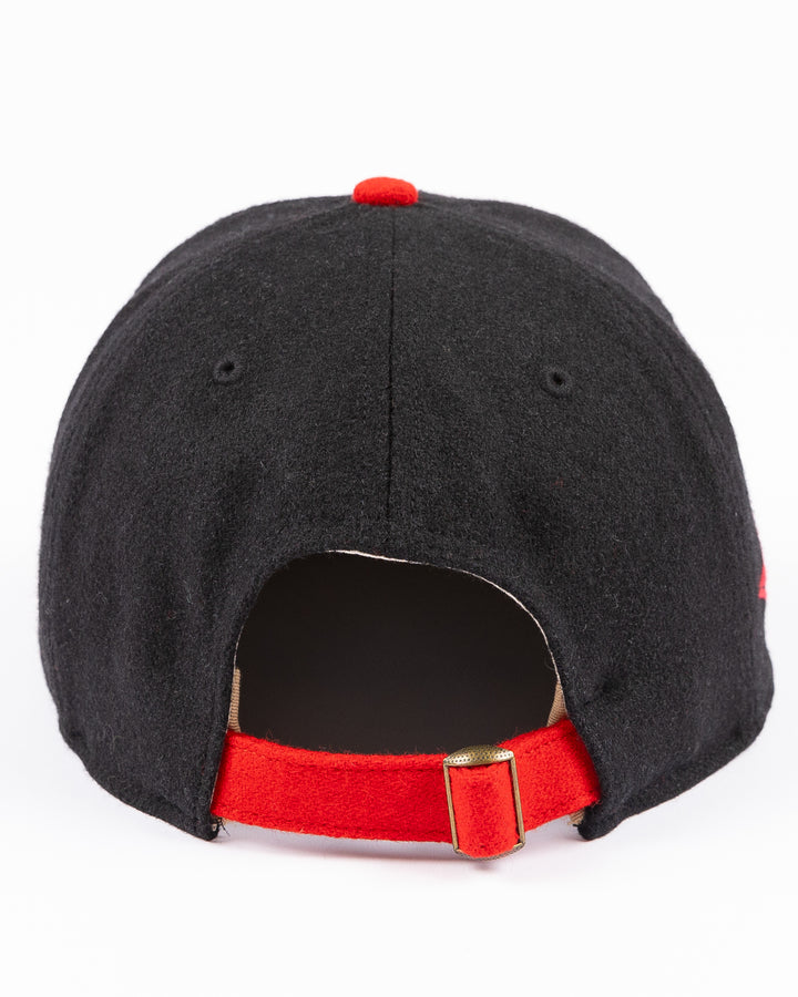 two tone black and red adjustable '47 brand hat with Chicago Blackhawks primary logo on front and CHI logo on right side - back lay flat