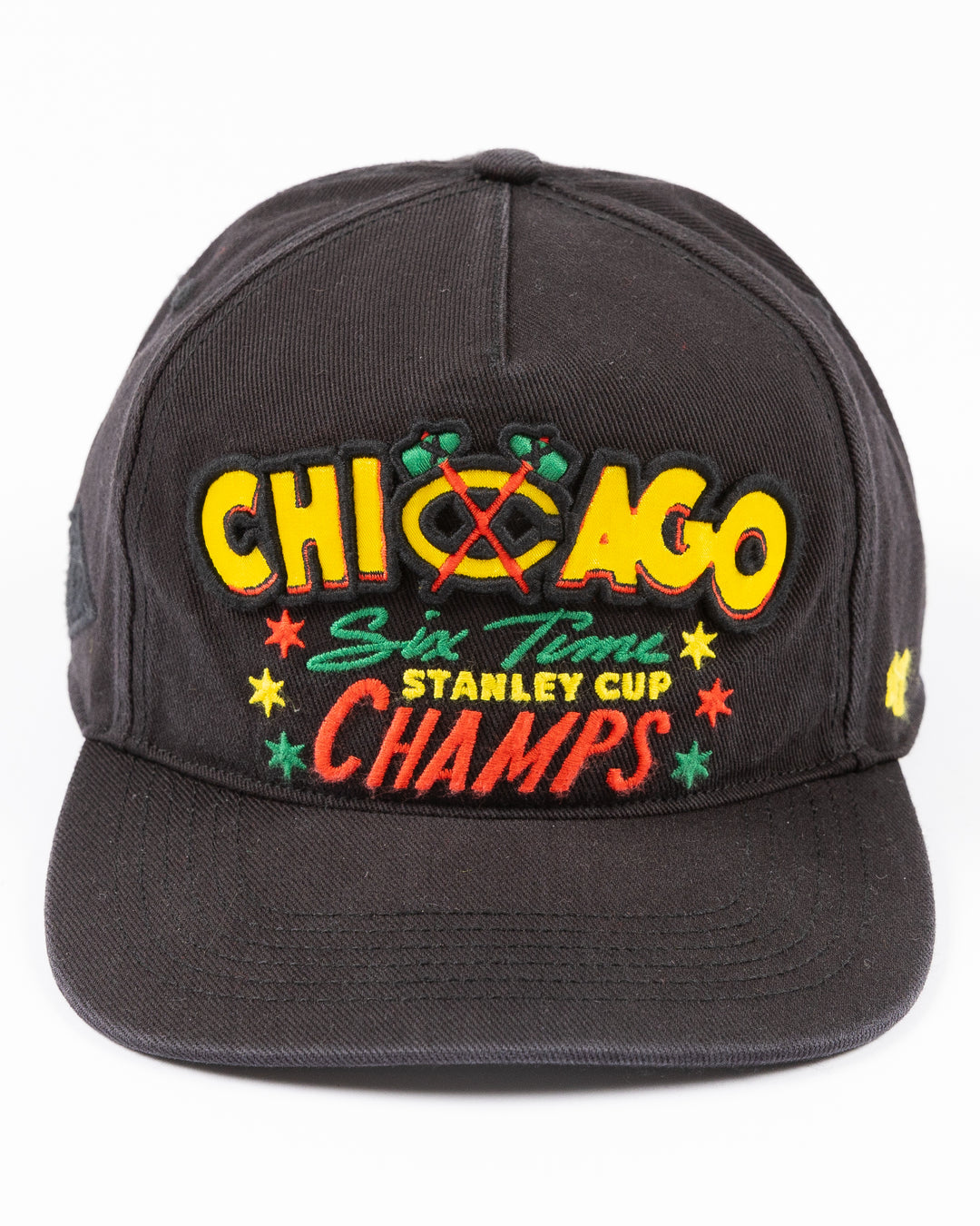 black '47 brand adjustable hat with Chicago Blackhawks Stanley Cup Champs design on front - front lay flat