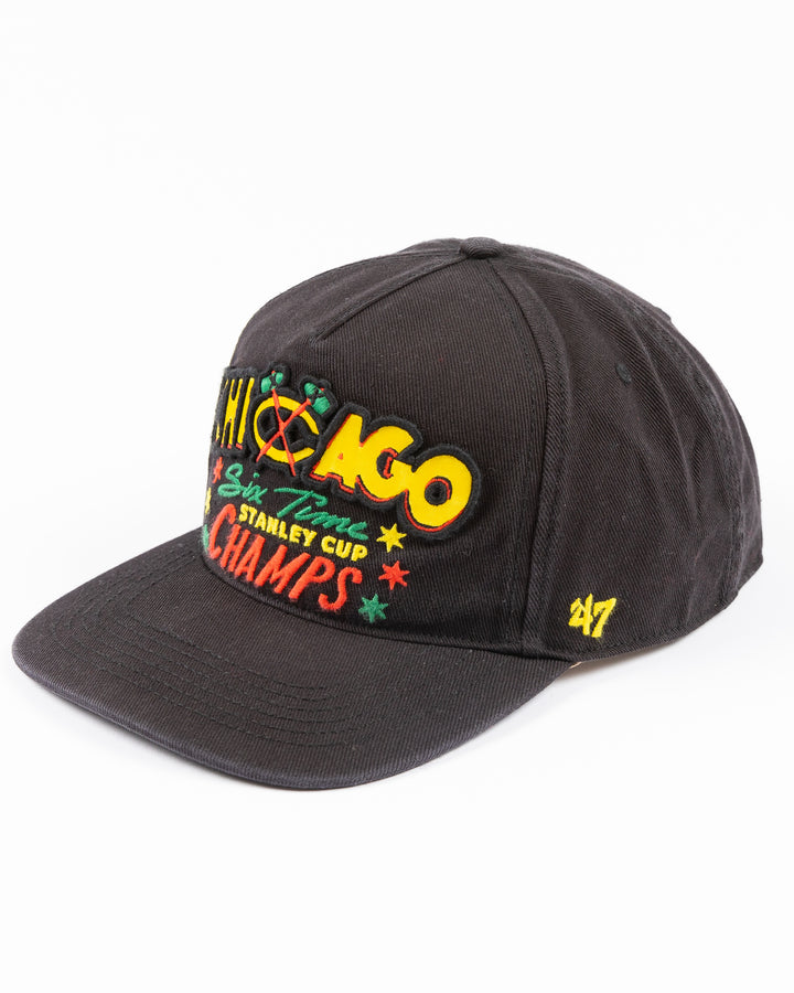 black '47 brand adjustable hat with Chicago Blackhawks Stanley Cup Champs design on front - left angle lay flat