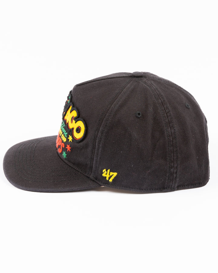 black '47 brand adjustable hat with Chicago Blackhawks Stanley Cup Champs design on front - left side lay flat