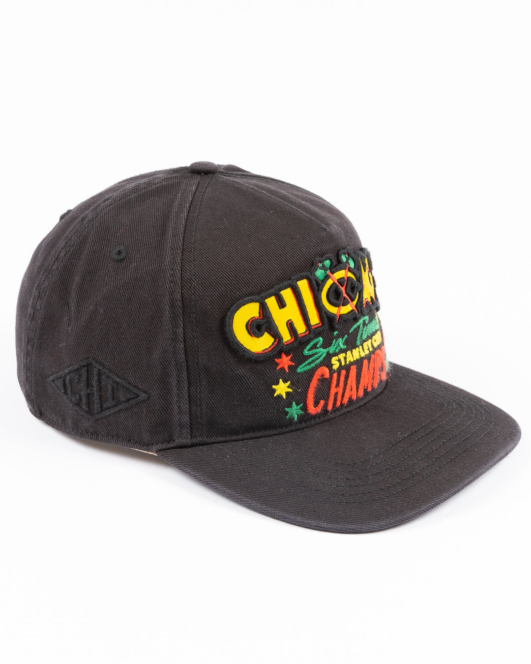 black '47 brand adjustable hat with Chicago Blackhawks Stanley Cup Champs design on front - right angle lay flat