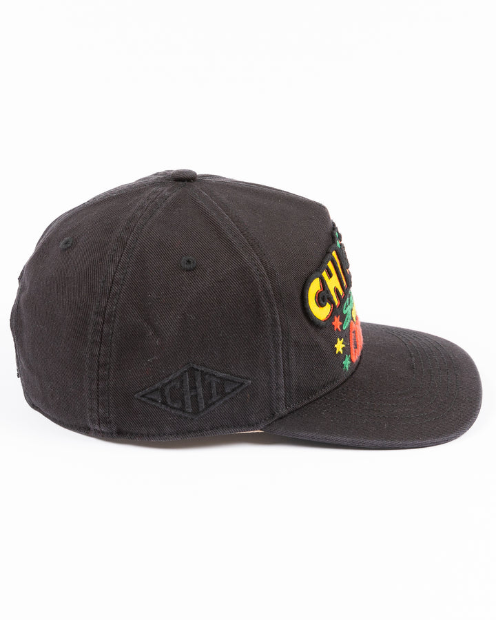 black '47 brand adjustable hat with Chicago Blackhawks Stanley Cup Champs design on front - right side lay flat