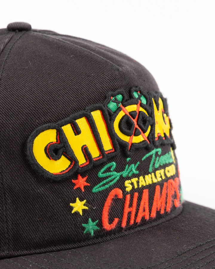 black '47 brand adjustable hat with Chicago Blackhawks Stanley Cup Champs design on front - front detail lay flat