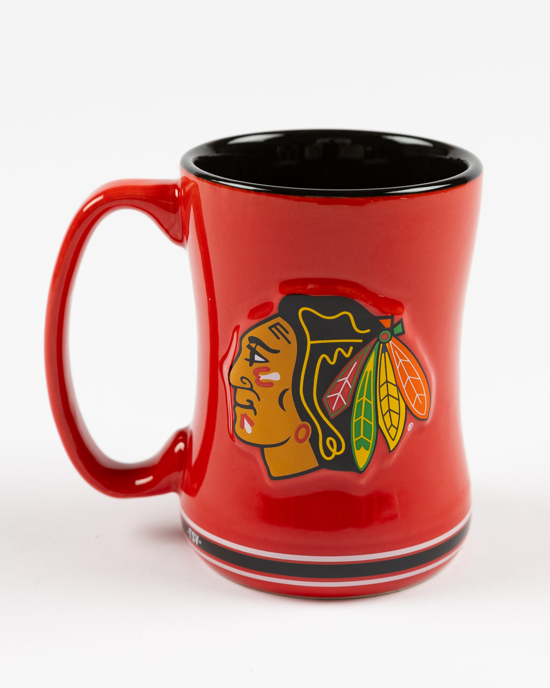 red ceramic mug inspired by Chicago Blackhawks hockey jersey with primary logo on front - front lay flat