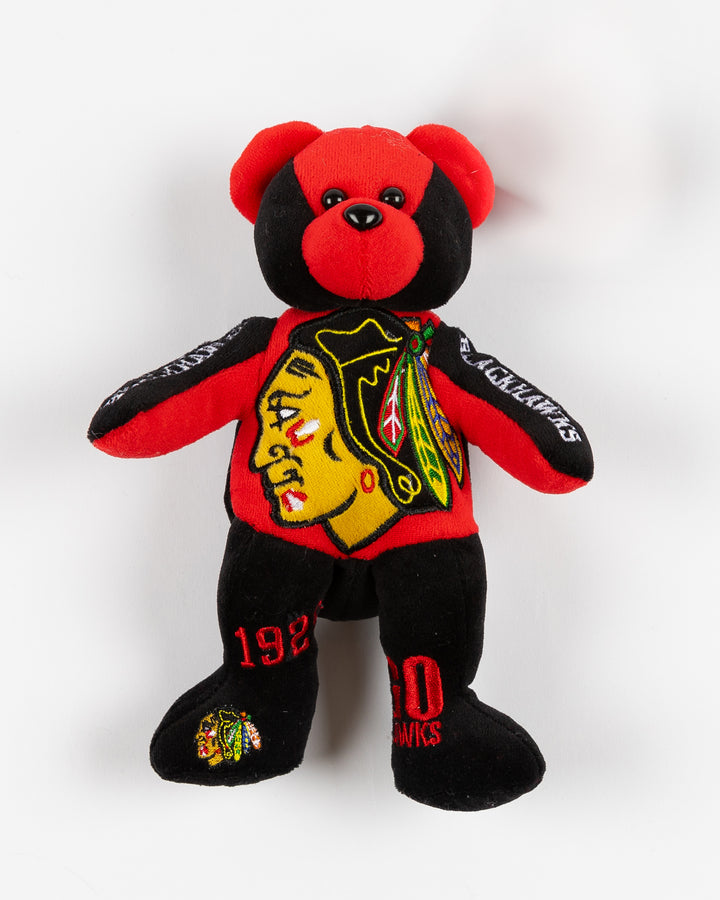 red and black plush bear with Chicago Blackhawks branding embroidered throughout - front lay flat