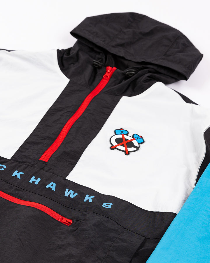 black, white and blue Chicago Blackhawks Four Stars anorak with secondary logo on left chest - front detail lay flat 