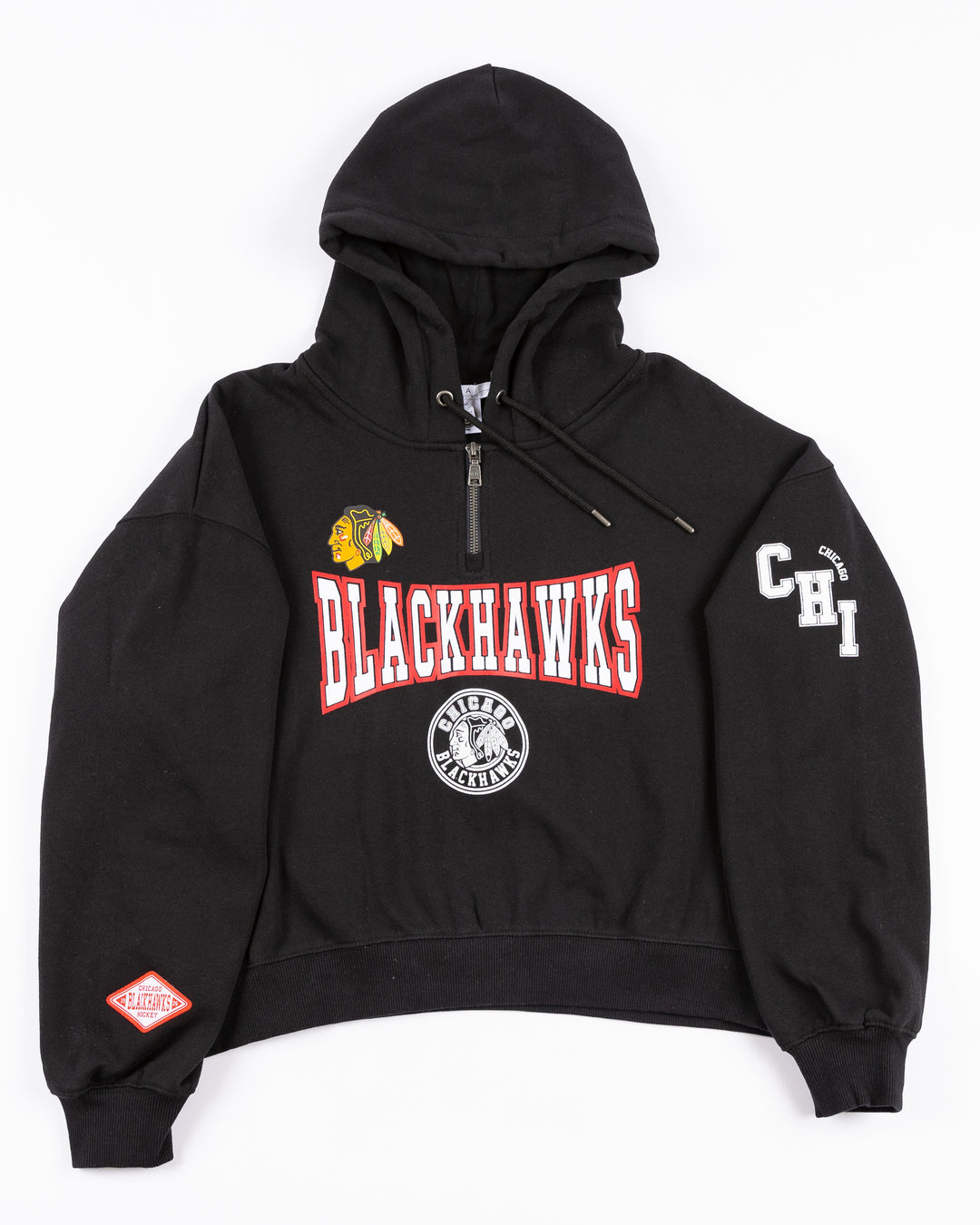 black WEAR by Erin Andrews women's hoodie with Chicago Blackhawks primary logo and wordmark decals throughout - front lay flat