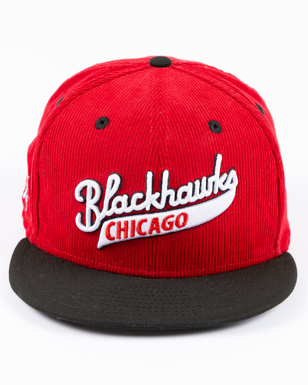 two tone red corduroy and black brim New Era snapback cap with Chicago Blackhawks script wordmark embroidered on front - front lay flat