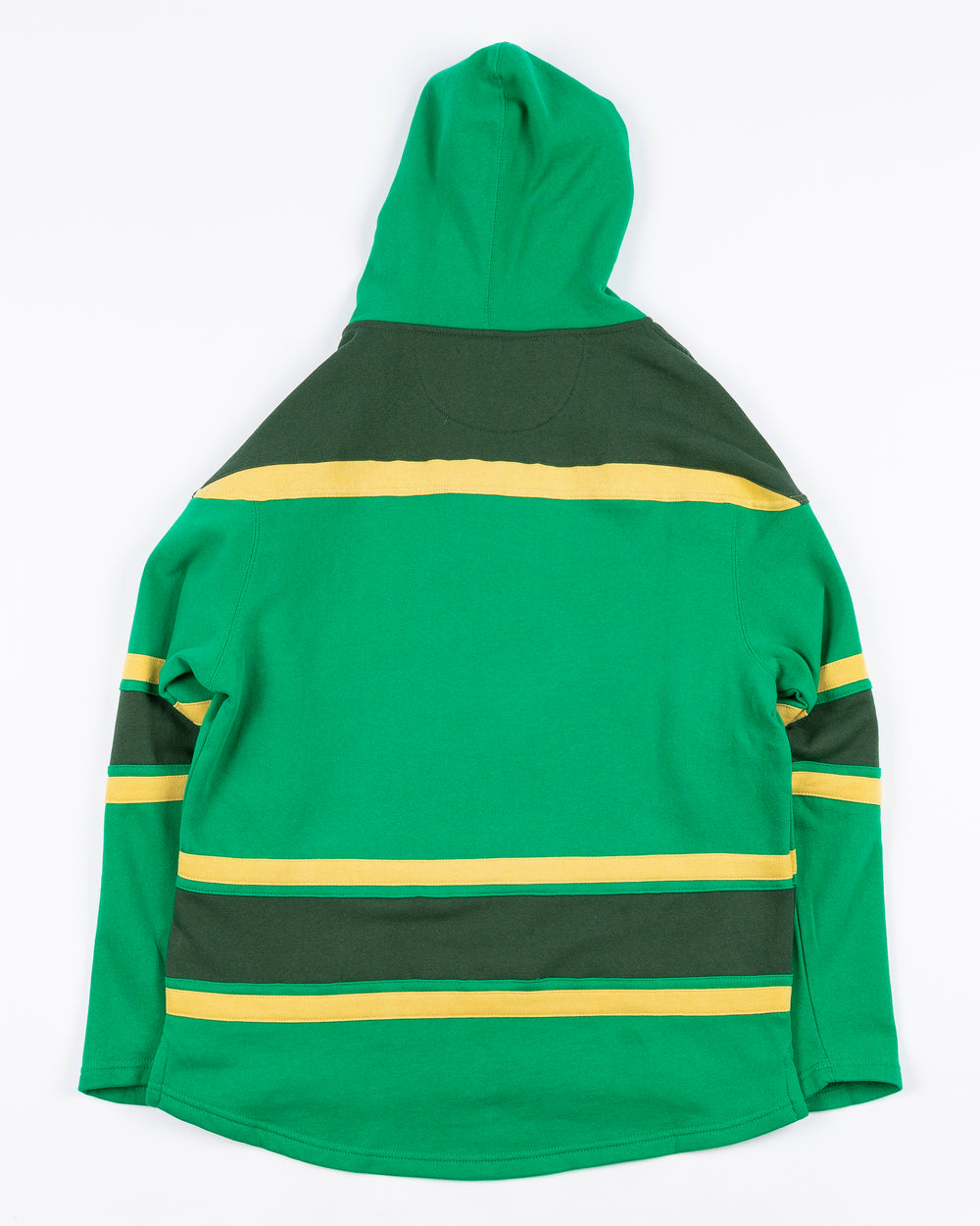 green and gold '47 brand hockey jersey inspired lacer hoodie with Irish inspired Blackhawks design on front and shamrocks on sleeves - back lay flat