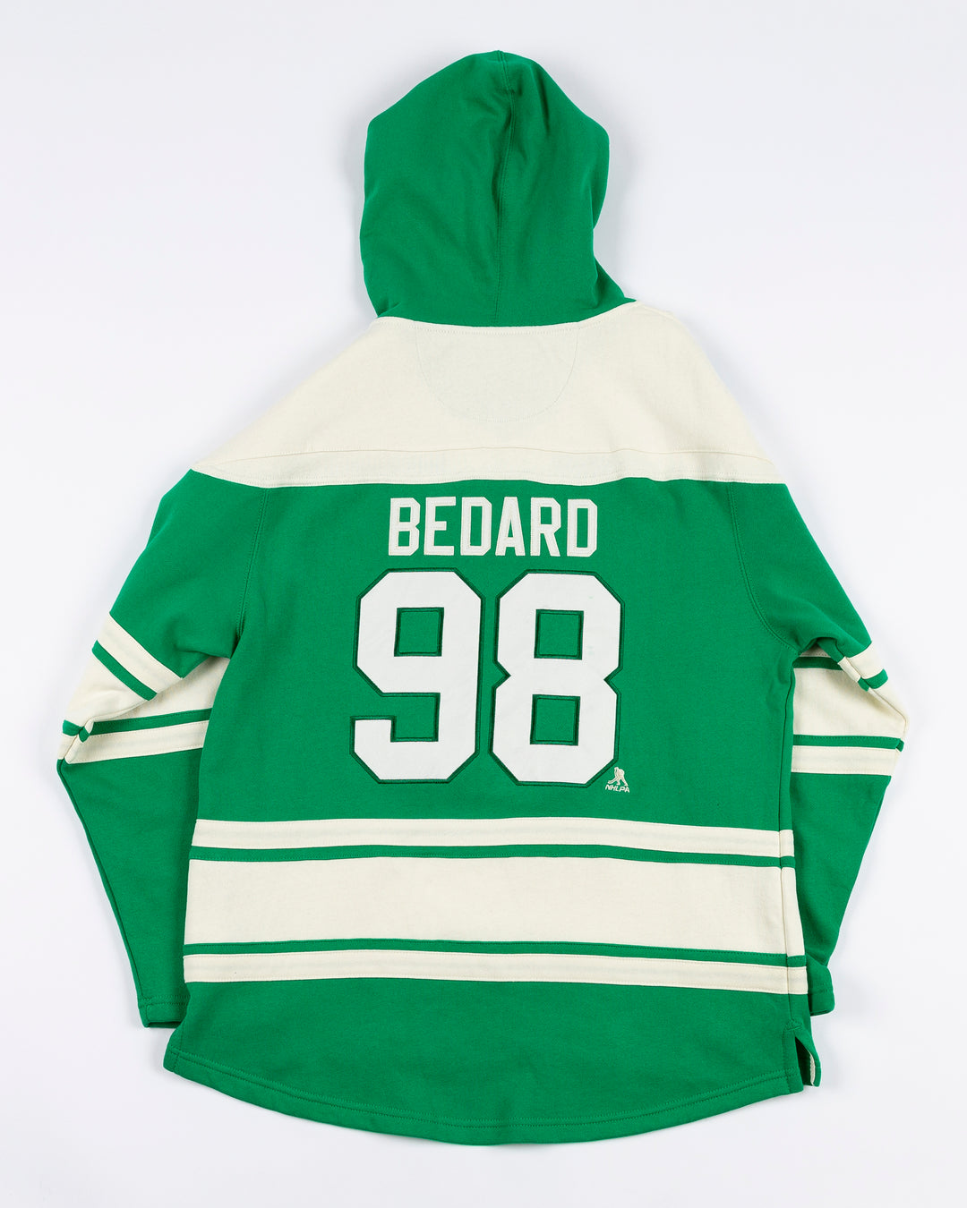 '47 brand green and white hockey inspired lace up hoodie with shamrocks on shoulders and Chicago Blackhawks primary logo on front and Connor Bedard name and number on back - back lay flat