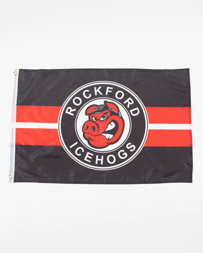 Black, white and red Rockford IceHogs flag with team logo - front lay flat