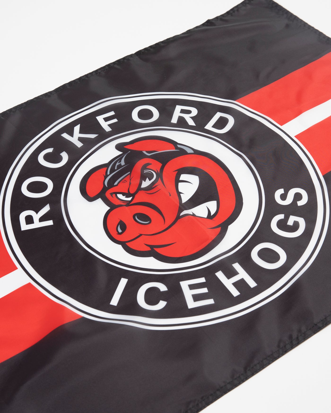 Black, white and red Rockford IceHogs flag with team logo - detail lay flat