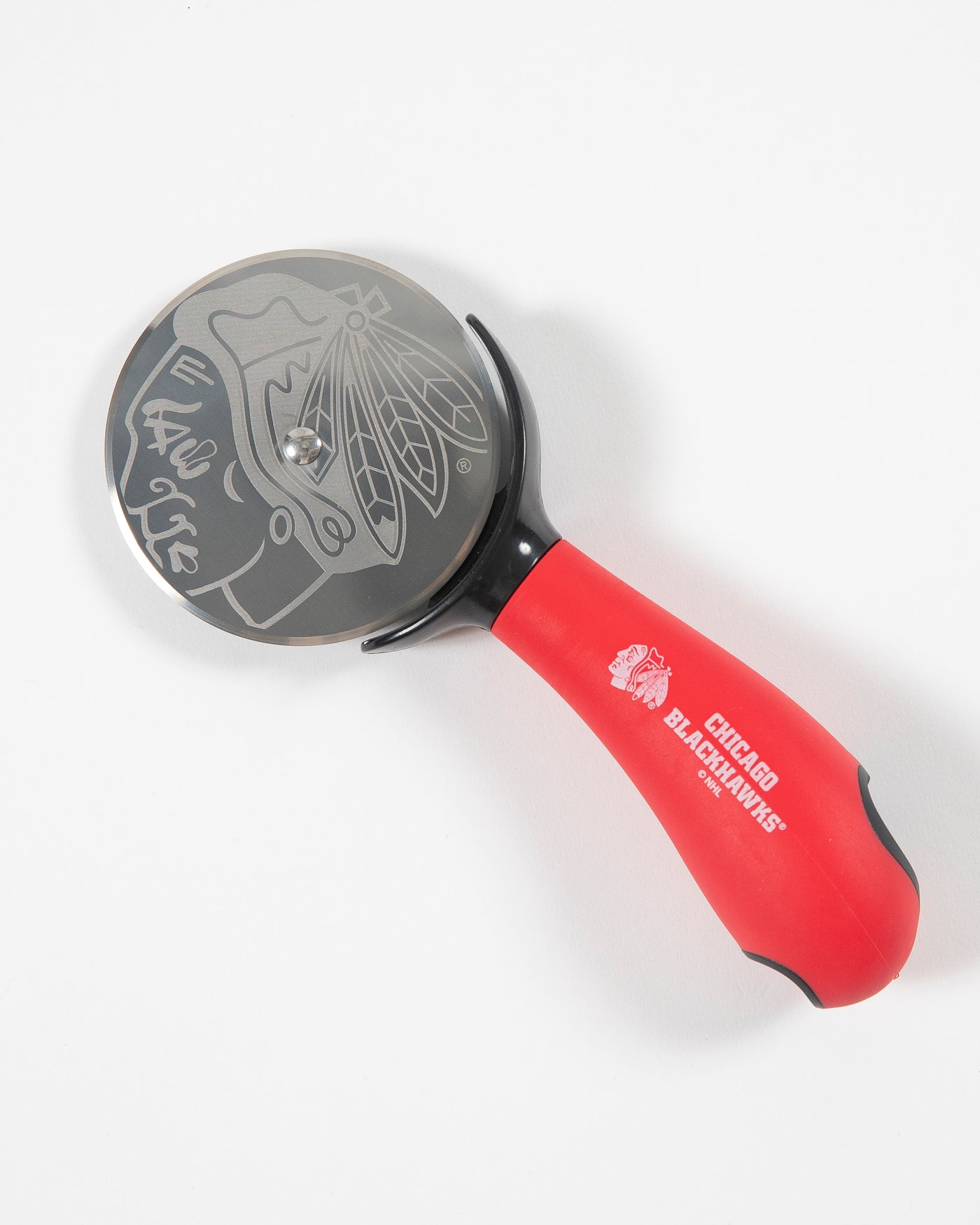 Metal pizza cutter with Chicago Blackhawks branding on blade and handle - front lay flat