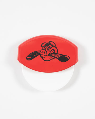 White and red plastic pizza cutter with Rockford IceHogs Hammy logo on front - front lay flat