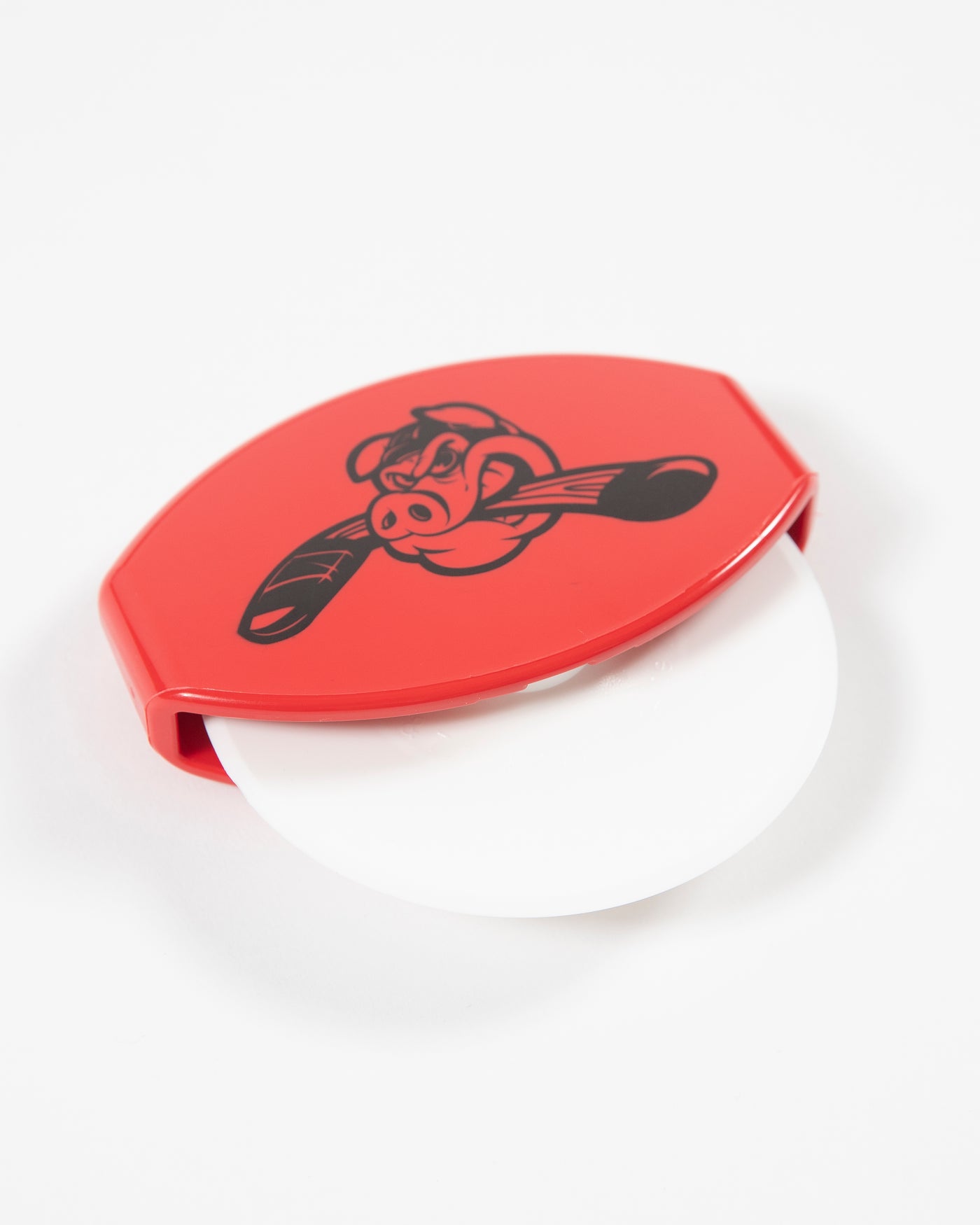 White and red plastic pizza cutter with Rockford IceHogs Hammy logo on front - angled lay flat