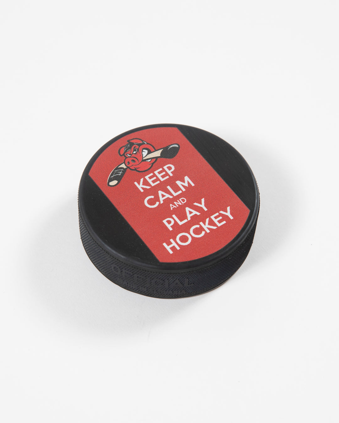 black and red Keep Calm and Play Hockey Rockford IceHogs hockey puck - angled lay flat