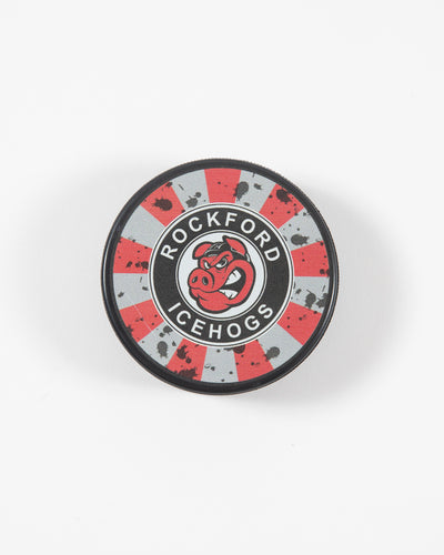 Red and grey distressed Rockford IceHogs hockey puck - front lay flat