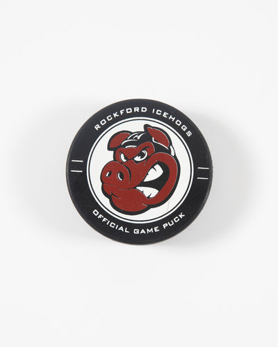 Black Rockford IceHogs official game hockey puck - front lay flat