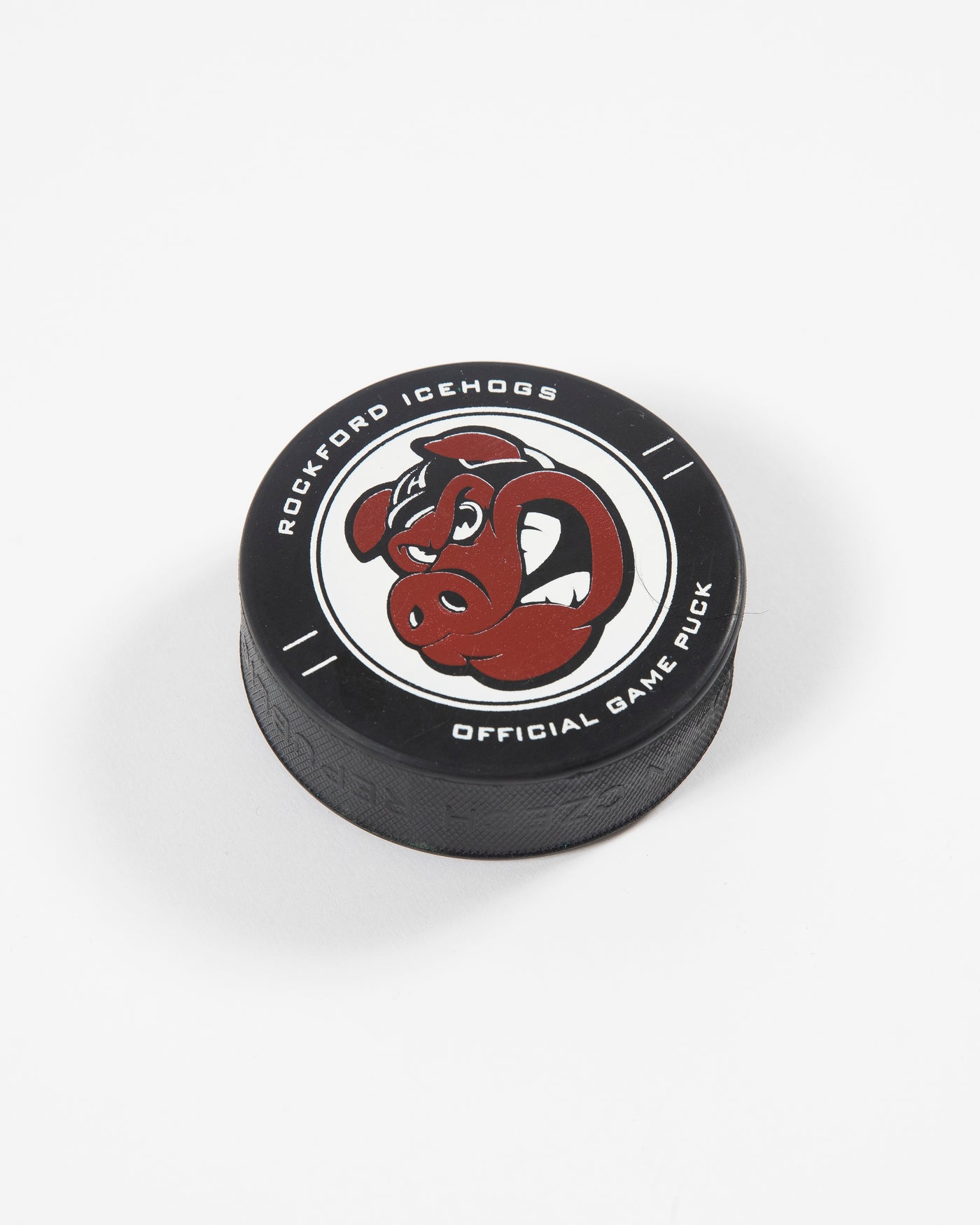 Black Rockford IceHogs official game hockey puck - angled lay flat