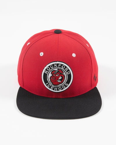 Black and red flat brim adjustable cap with Rockford IceHogs classic logo embroidered on front - front lay flat