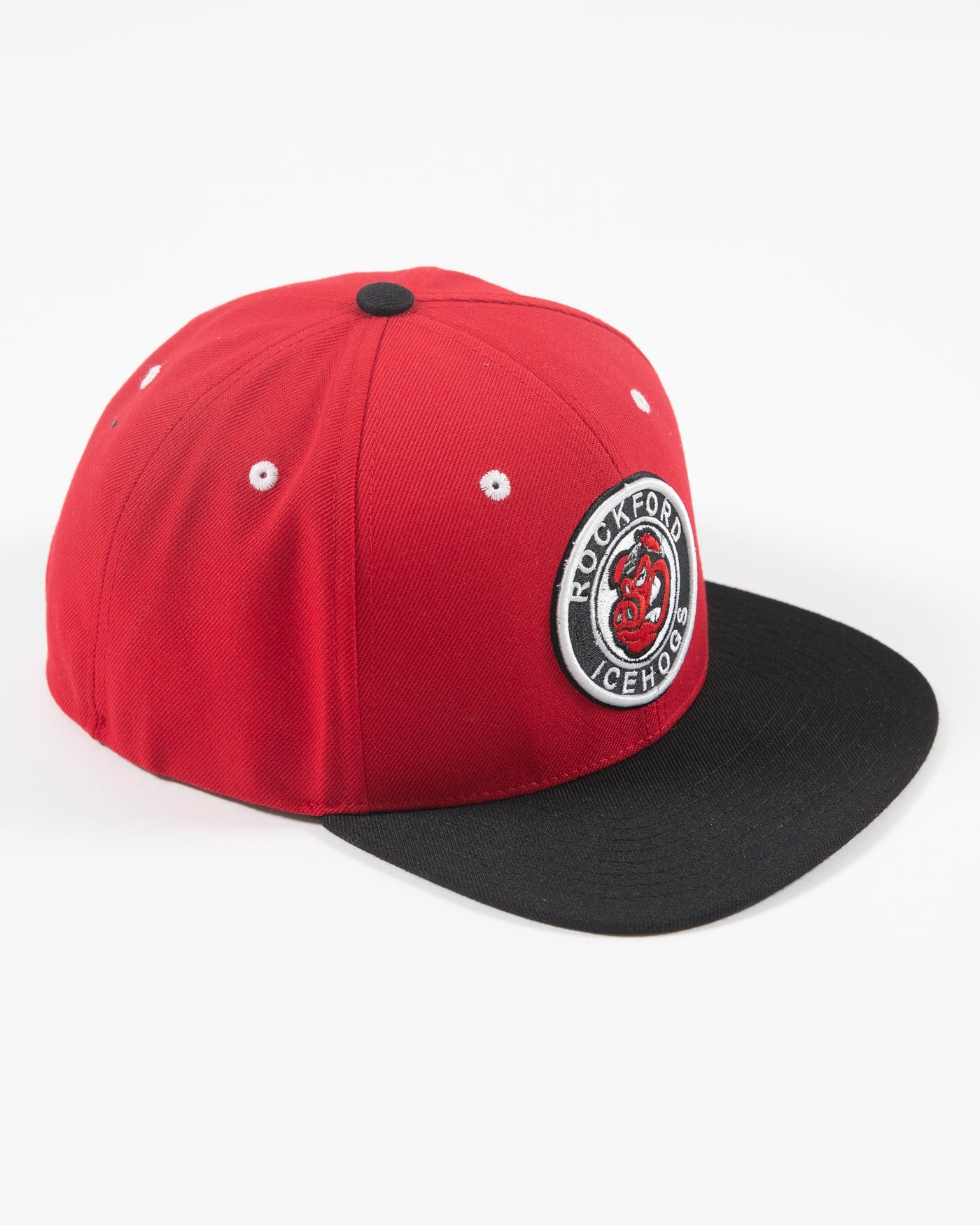 Black and red flat brim adjustable cap with Rockford IceHogs classic logo embroidered on front - right lay flat