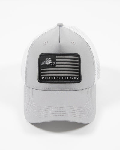 Grey and white Rockford IceHogs adjustable trucker cap with American flag inspired embroidered patch decal on front - front lay flat