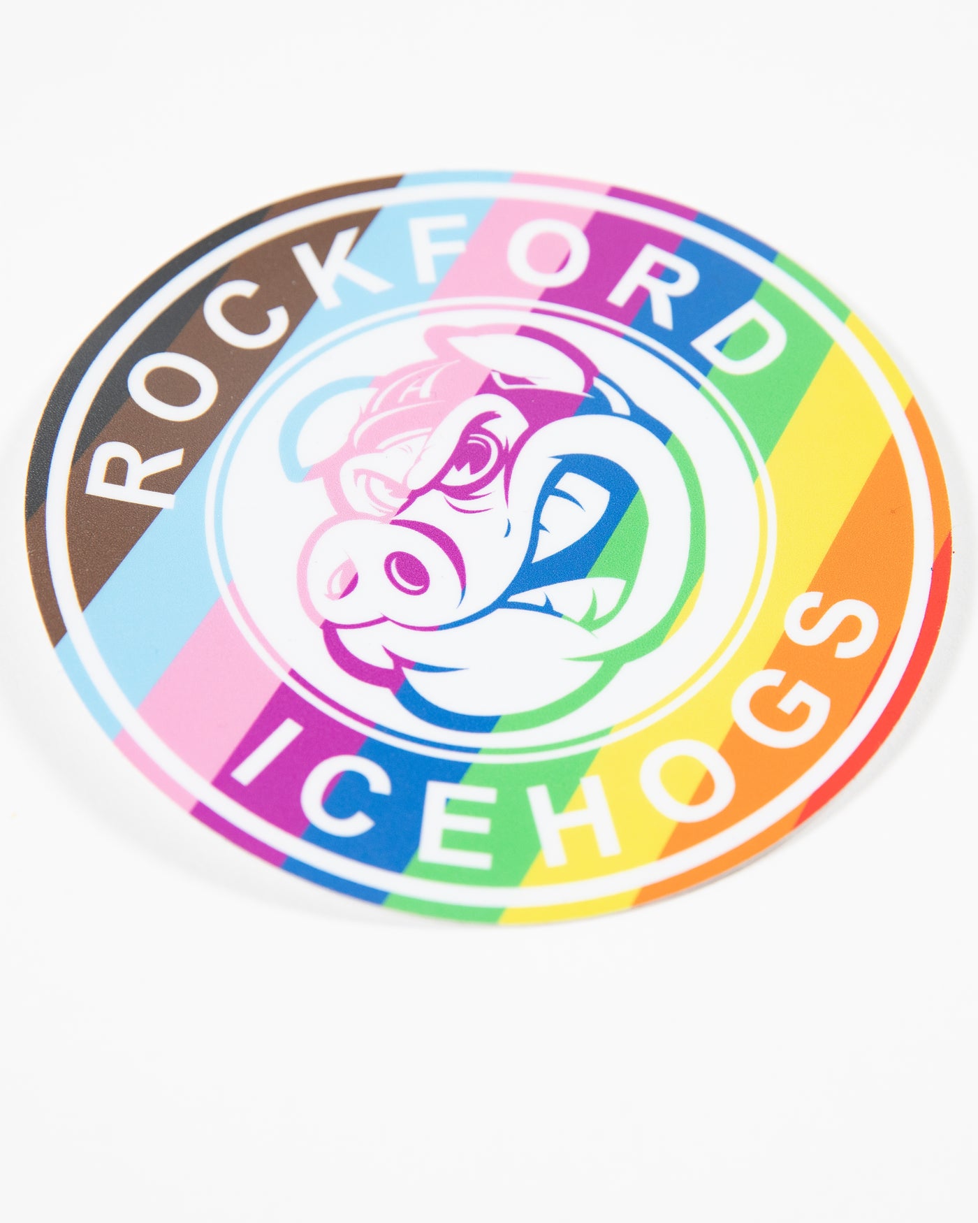 Rockford IceHogs decal with Hammy logo in Pride colorway - angled lay flat