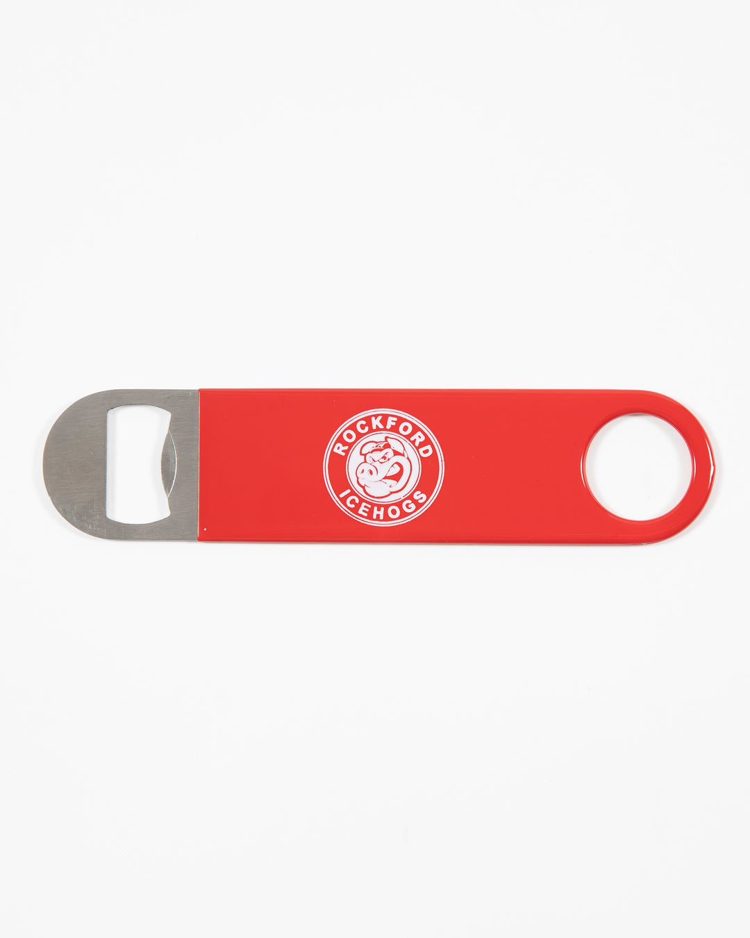 Red Rockford IceHogs metal bottle opener with logo on front - lay flat