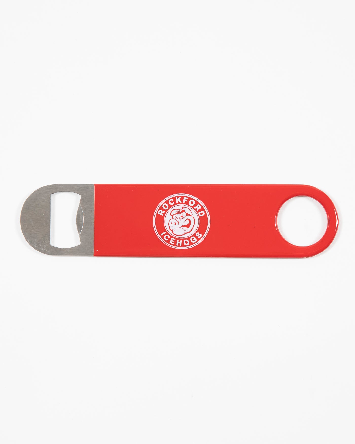 Red Rockford IceHogs metal bottle opener with logo on front - lay flat