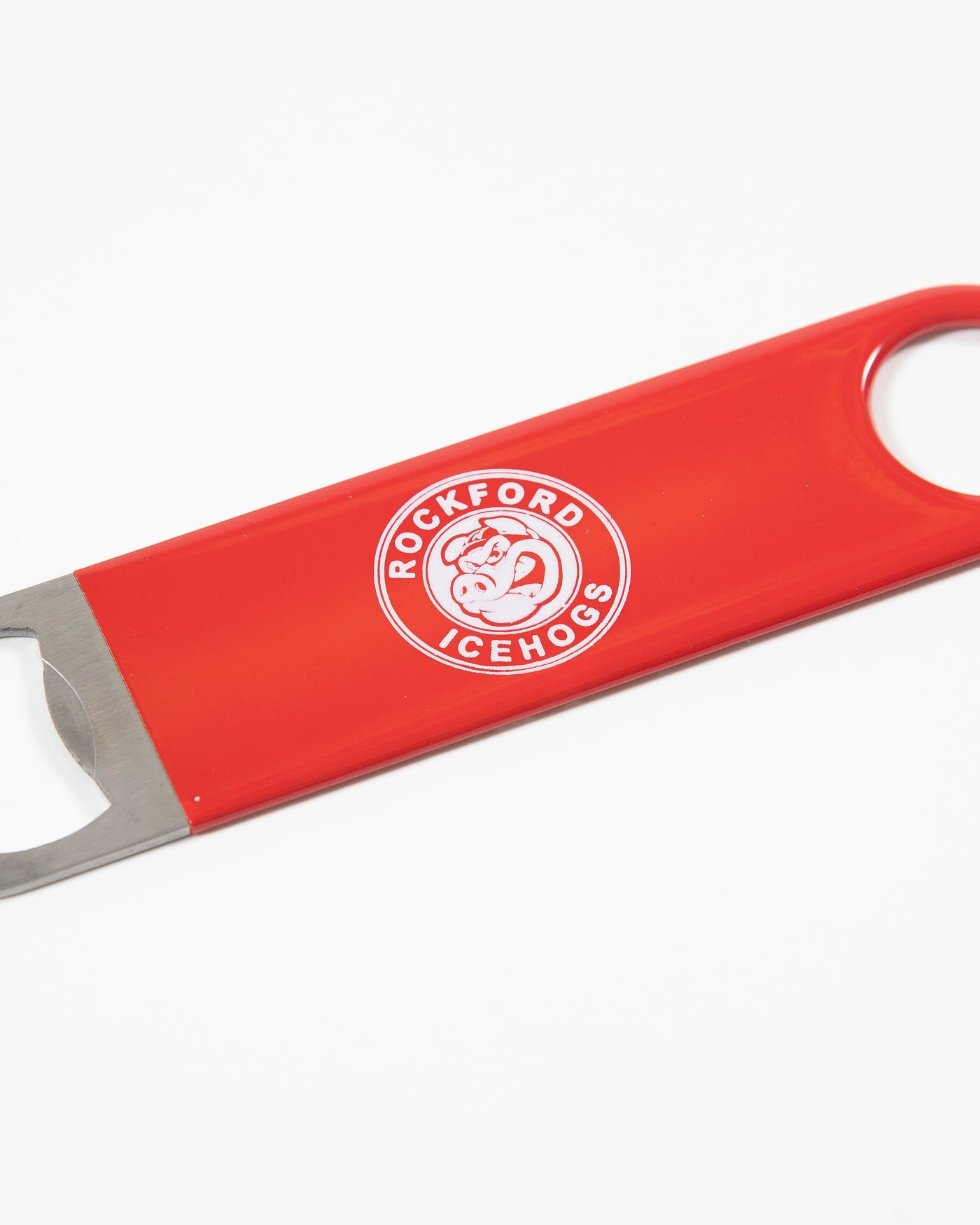 Red Rockford IceHogs metal bottle opener with logo on front - detail flat