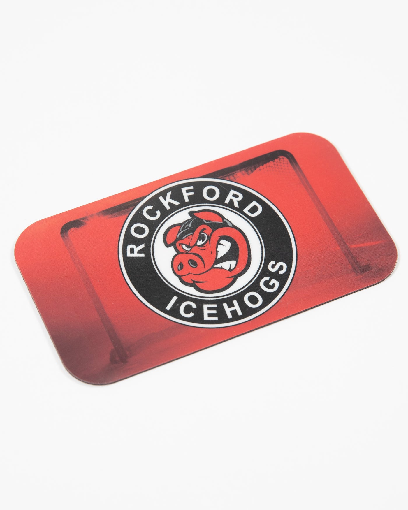 Red Rockford IceHogs magnet with classic logo and Hammy - angled lay flat