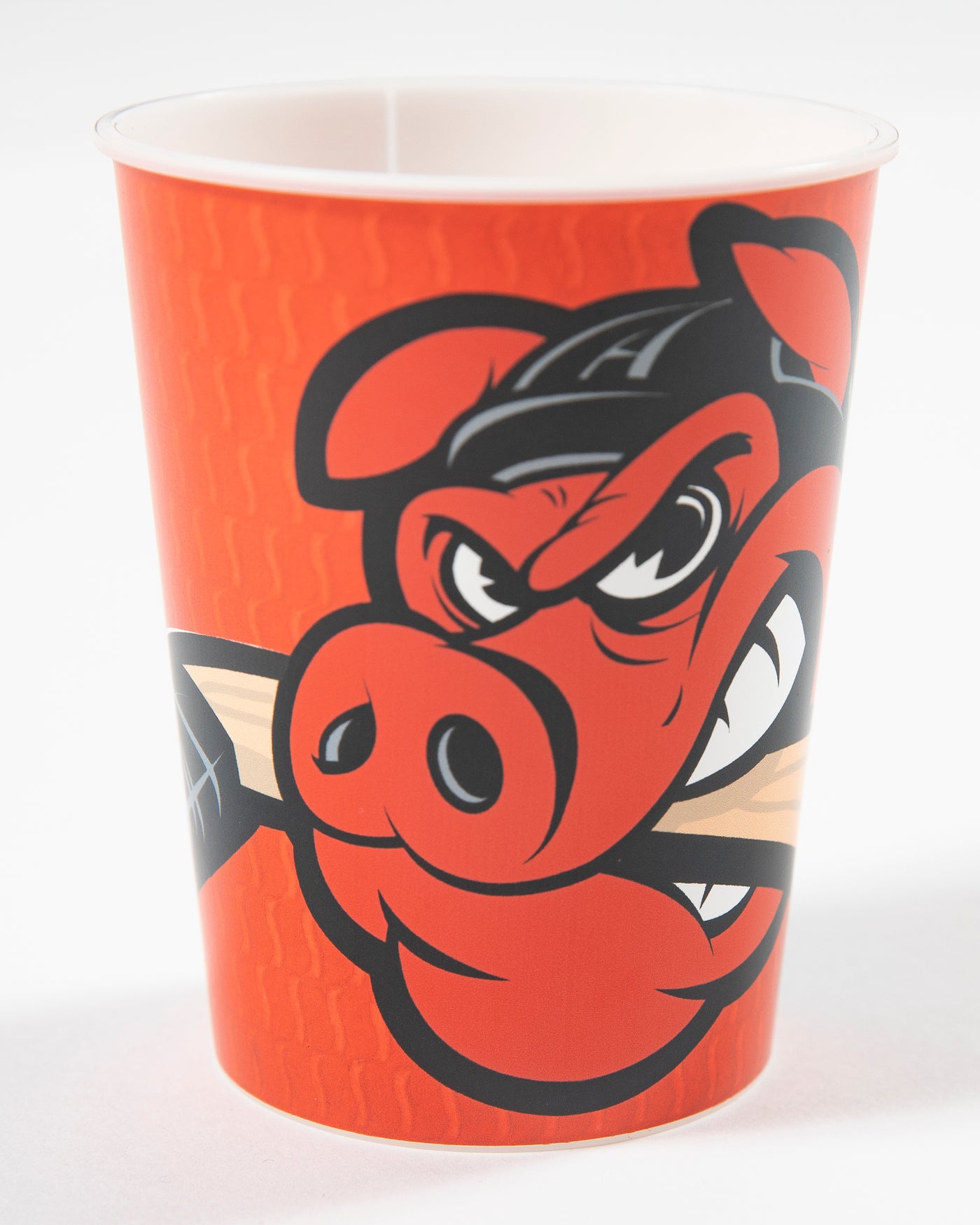 Red Rockford IceHogs Stadium Cup with Hammy logo design - detail lay flat