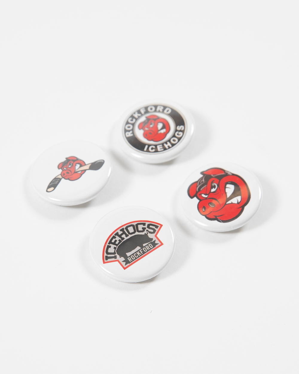 Rockford IceHogs four button pack with assorted graphics - angled lay flat