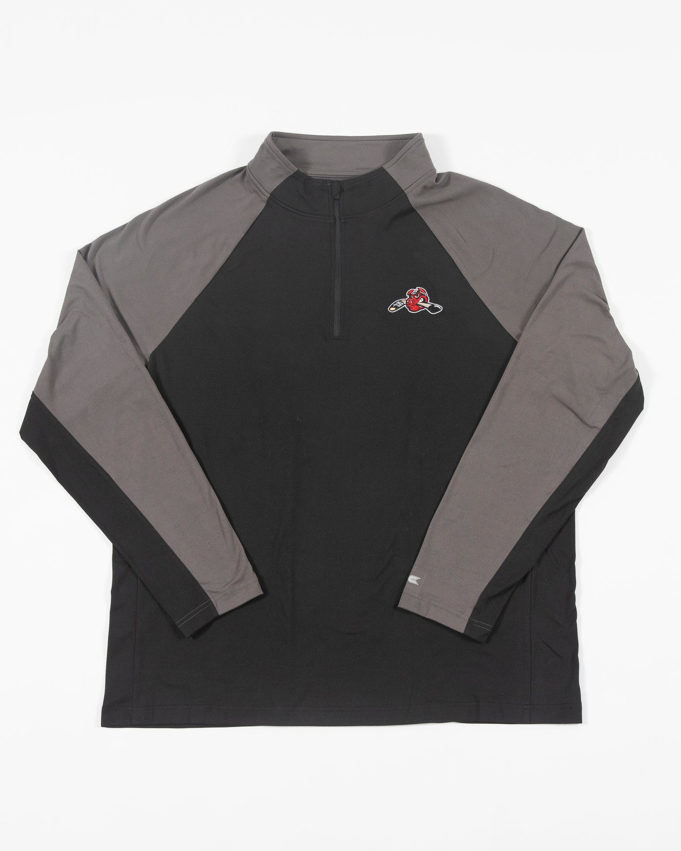 Black and grey two tone Rockford IceHogs Colosseum quarter zip with Hammy embroidered on left chest - front lay flat