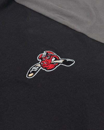 Black and grey two tone Rockford IceHogs Colosseum quarter zip with Hammy embroidered on left chest - detail lay flat
