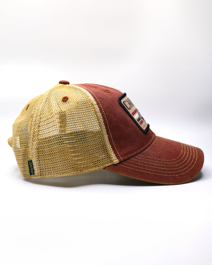 rust and tan adjustable trucker cap with Chicago Steel patch on front - right side lay flat