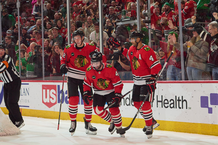 Chicago Blackhawks players Vlasic, Blackwell and Jones