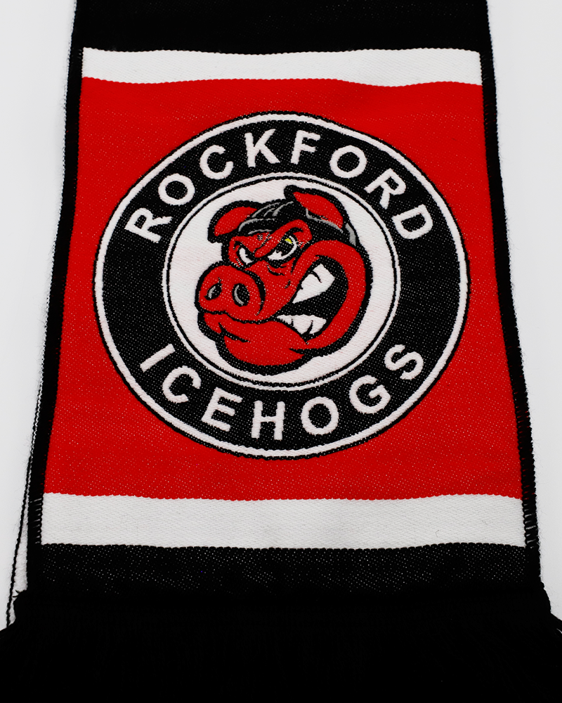 black Rockford IceHogs scarf with logos throughout - logo detail lay flat